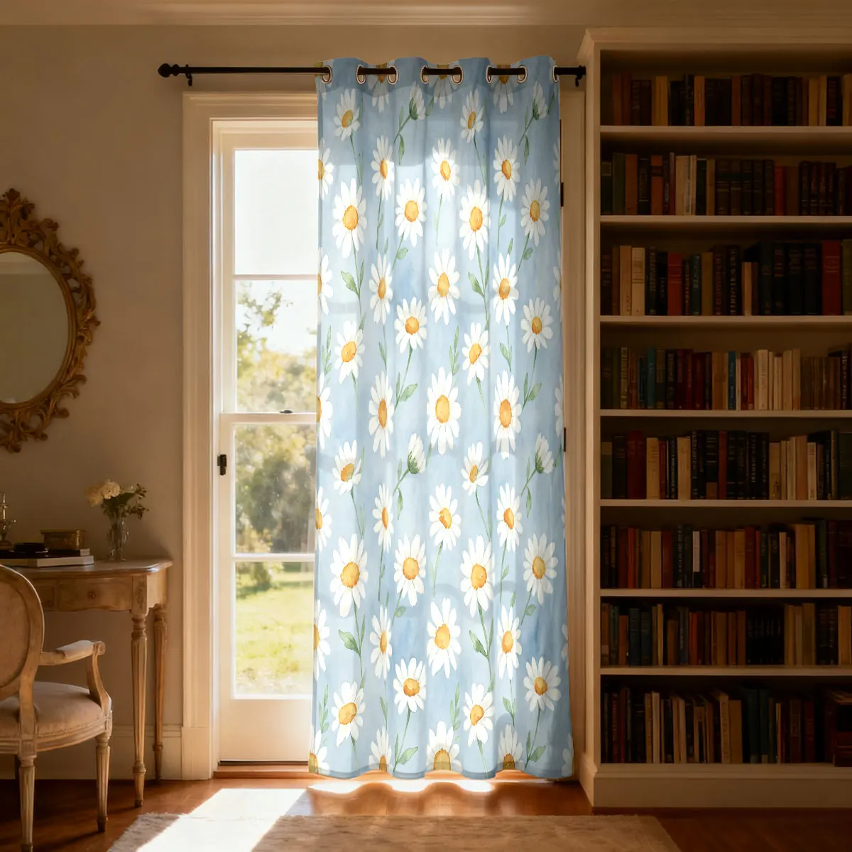 1pcs 90g brushed-cotton curtain with a light blue base and a small daisy pattern, suitable for home decoration
