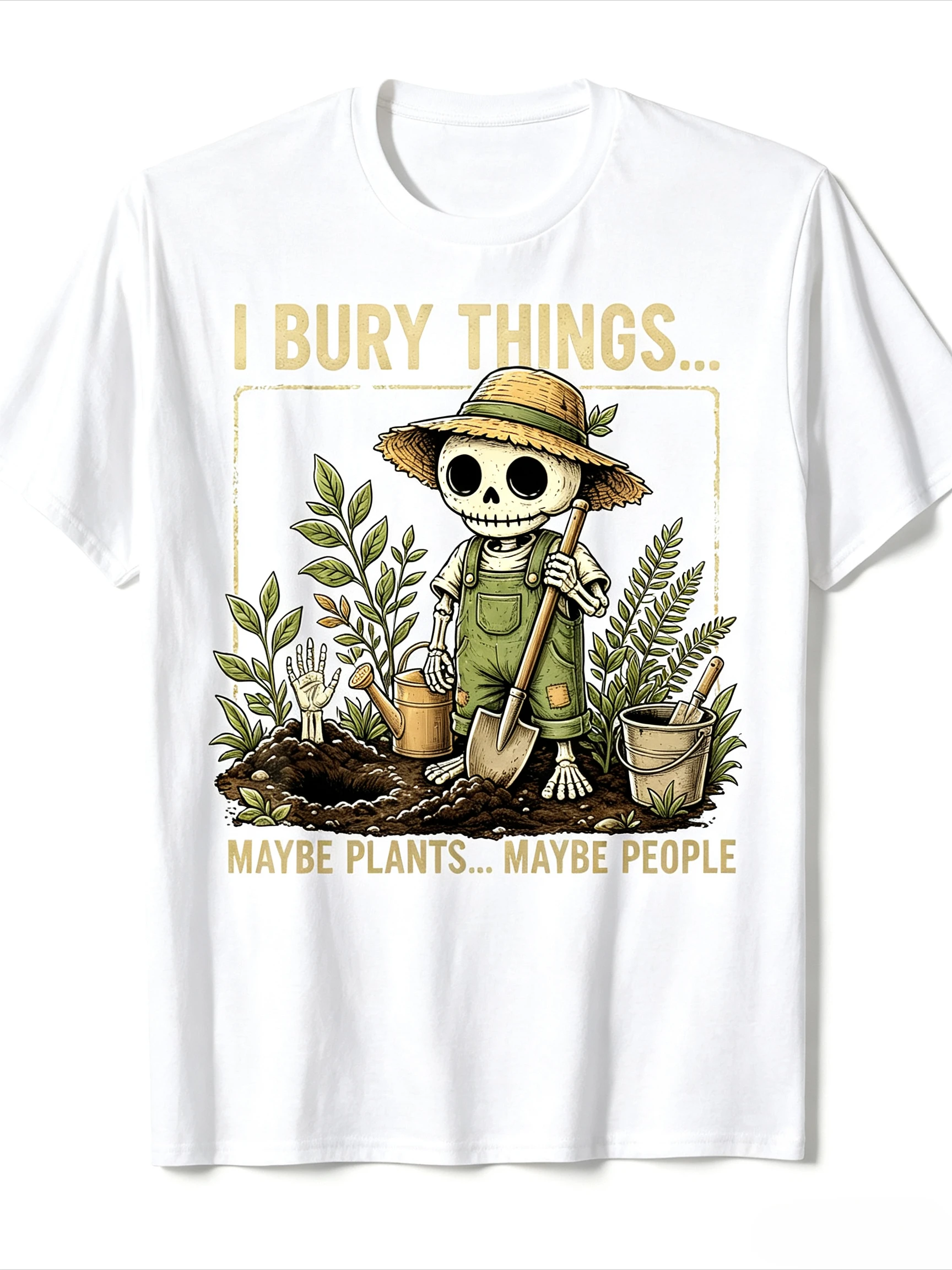 Funny Skeleton Gardener Graphic T-Shirt I Bury Things Sarcastic Gothic Halloween Plant Lover Casual Tee