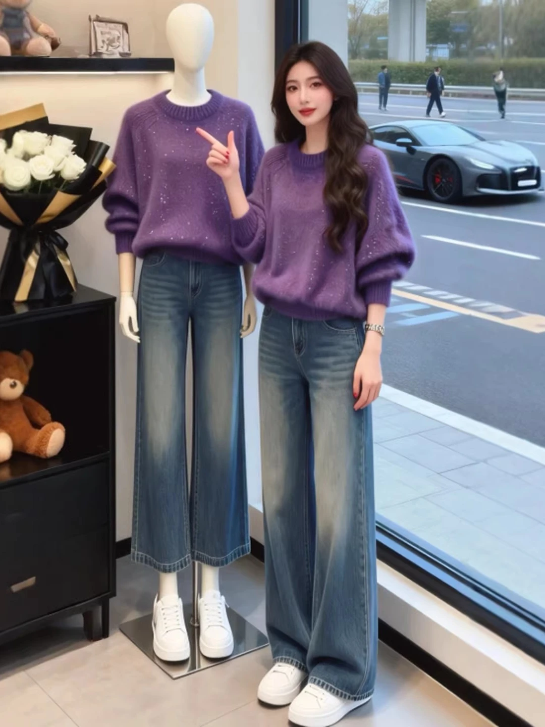 

Unique Beautiful Purple Knitted Sweater Women's Casual Diamond iny Loose Fit Long Sve round Ne Daily Wear Knitwear