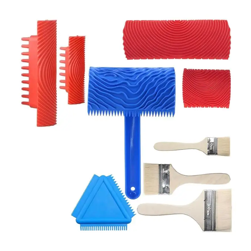 A84E-Wood Grain Tool,9Pcs Fake Wood Grain Roller Paint Brushes Graining Tool Paint Look Like Wood DIY Painting Tools