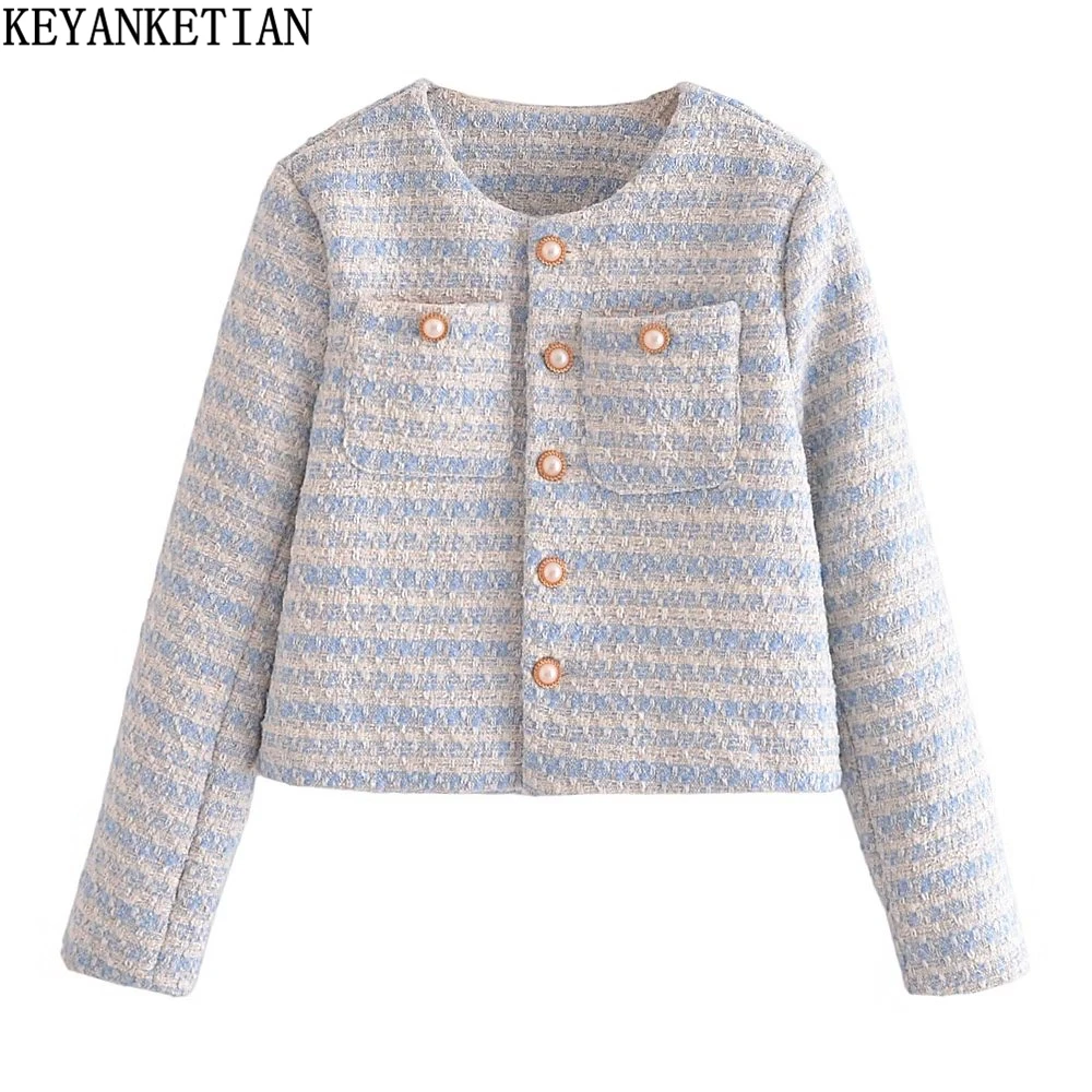 KEYANKETIAN Women Pearl Buttoned-matching Color Texture Short Suit New Winter Round Neck Shag Tweed Little Spice Coat