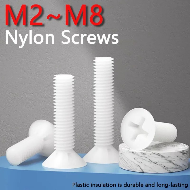 Weiyi M2 M2.5 M3 M4 M5 M6 M8 White Nylon Countersunk Screws Plastic Insulation Phillips Cross Recessed Flat Bolts 20/50/100pcs