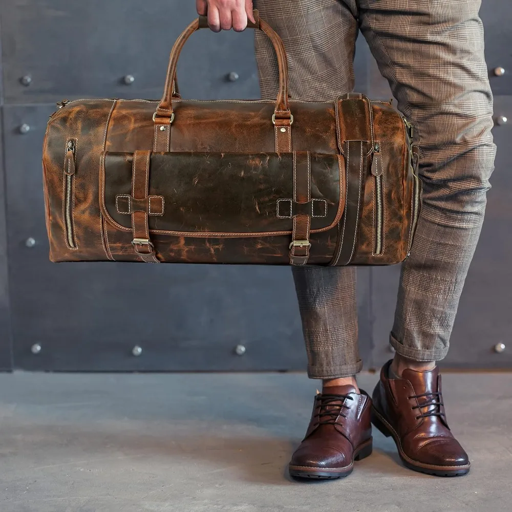 حقيبة سفر جلدية كلاسيكية للرجال مع حقيبة أحذية - احترافية، صالة الألعاب الرياضية، رياضية، غلاف ناعم، طوال الليل، أمتعة عطلة نهاية الأسبوع