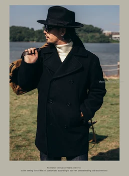 Men's Black Wool Peacoat 4 Red Tornado 740 Peacoat in Black Vintage Double-Breasted Mid-Length Wool Blend Overcoat for Men Warm Winter Jacket 4
