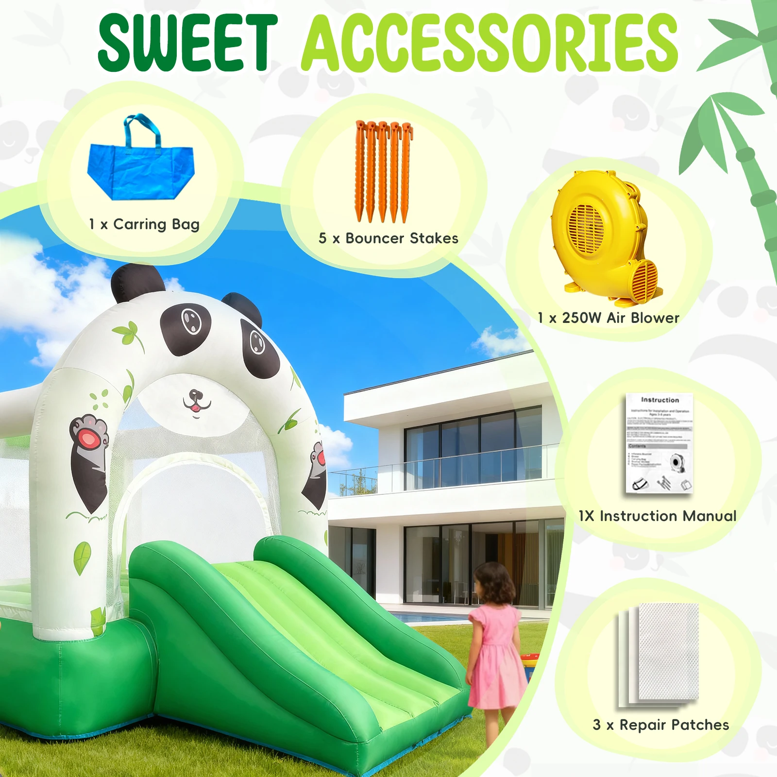 YARD Panda Bounce House Aufblasbare Mini-Türsteherrutsche Hüpfburg im Freien und drinnen mit Gebläse