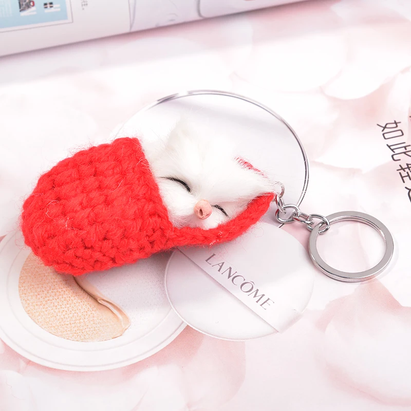 EASYA Handmade Cute Sleeping Cat Pompom Funny Bag Keychain For Women Girls 4 Colors Woven Shoes Faux Rabbit Fur Car Key Rings