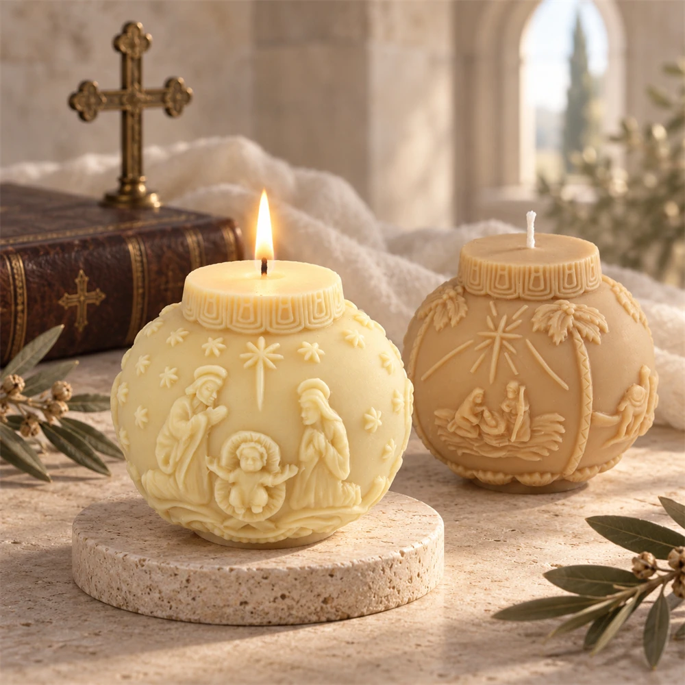 3D Christmas Ball Silicone Candle Mold, Nativity Scene Jesus Family Sphere Mold for DIY Candle Soap Making Holiday Decor Gifts