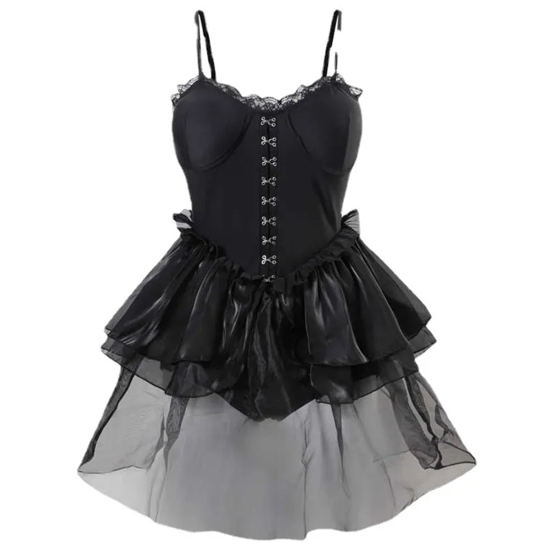 Dulce negro moda coreana traje de baño Mini Slip vestidos con volantes Culottes una pieza Push Up traje de baño borde de encaje vacaciones ropa de playa