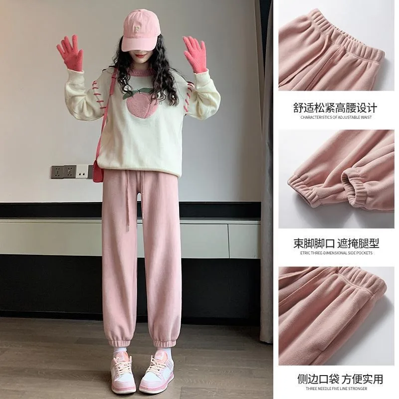 

Pink Fleece Sports Pants Women's Autumn and Winter Thickened Cotton Pants Polar Fleece Warm Pants Small Ankle Sweatpants Brief