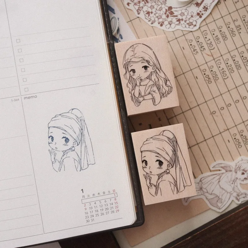 Charmig Girl Whit Pearl Earring Wooden Rubber Stamp Set DIY Scrapbooking Photo Album Card Making Journal Material Wooden Stamps