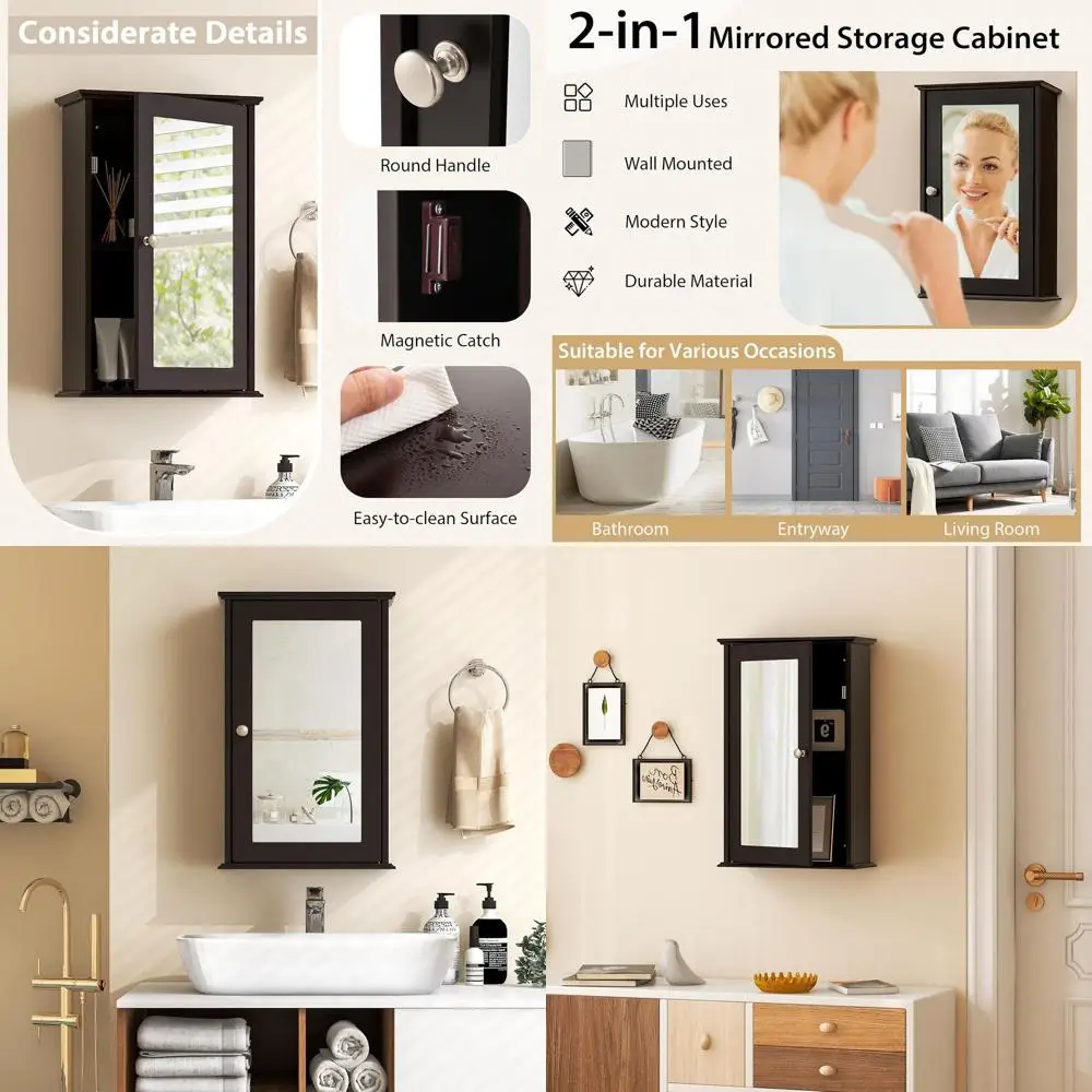 

Настенный зеркальный аптечка с одной дверью и регулируемой полкой для ванной комнаты, гостиной и прихожей коричневого цвета