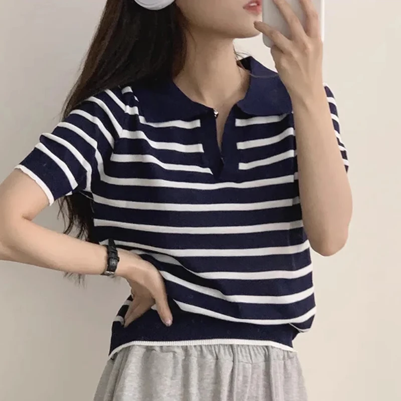 Chic Summer Vintage  Ne Color Blo Casual Loose ort Sve Striped Knitted Top Women's Korean Sle Commute Faion