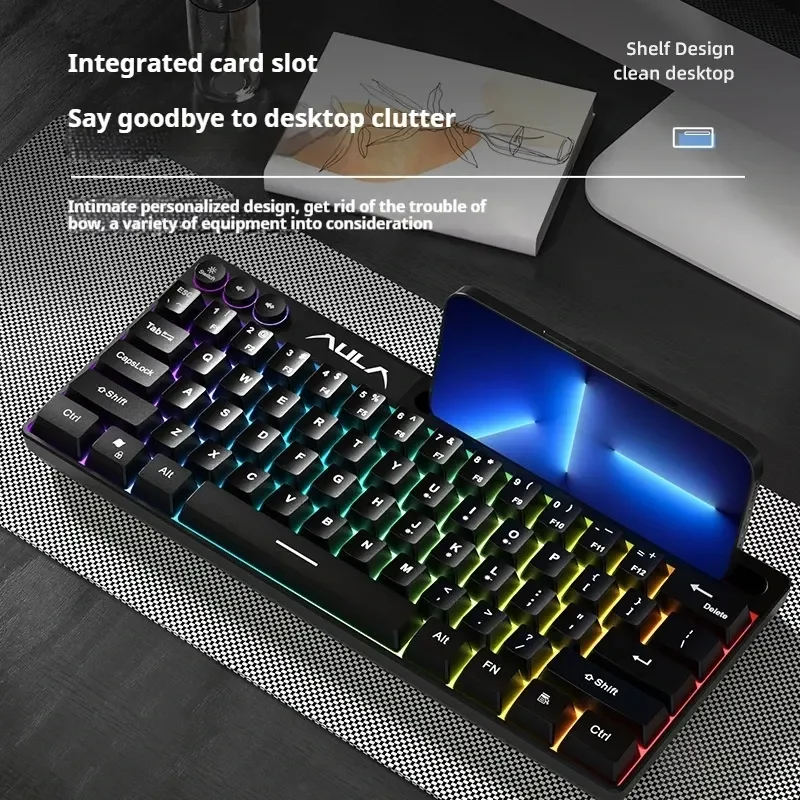 Aula F3061 Wired Keyboard 64 Keys Compact Lightweight Multifunctional Buttons Intelligent Sleep Mode Office Gaming Keyboard