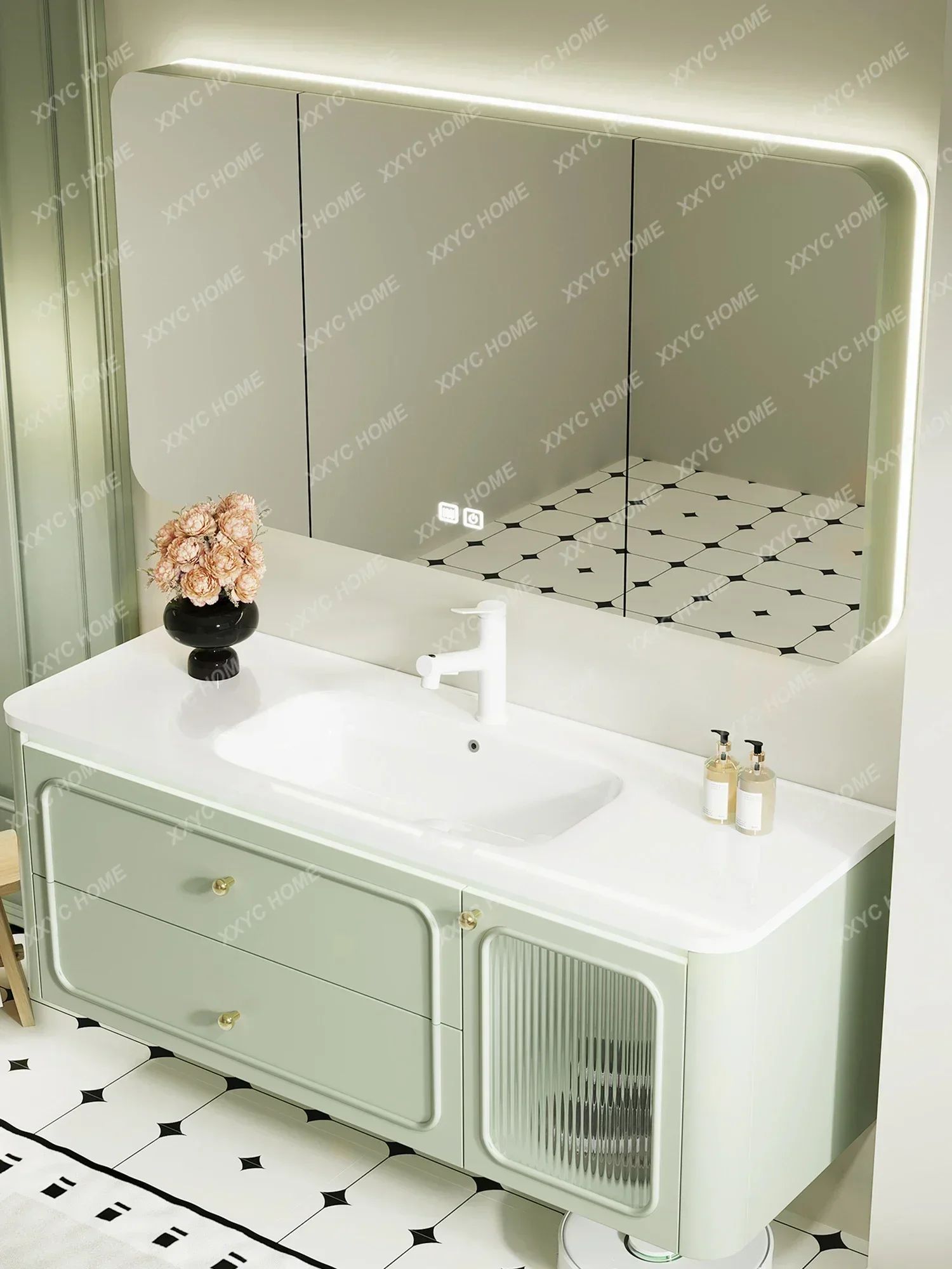 Bathroom Cabinet Ceramic Integrated Basin French New Oak Hand Wash Solid Wood Wash Cabinet Green Bathroom Cabinet