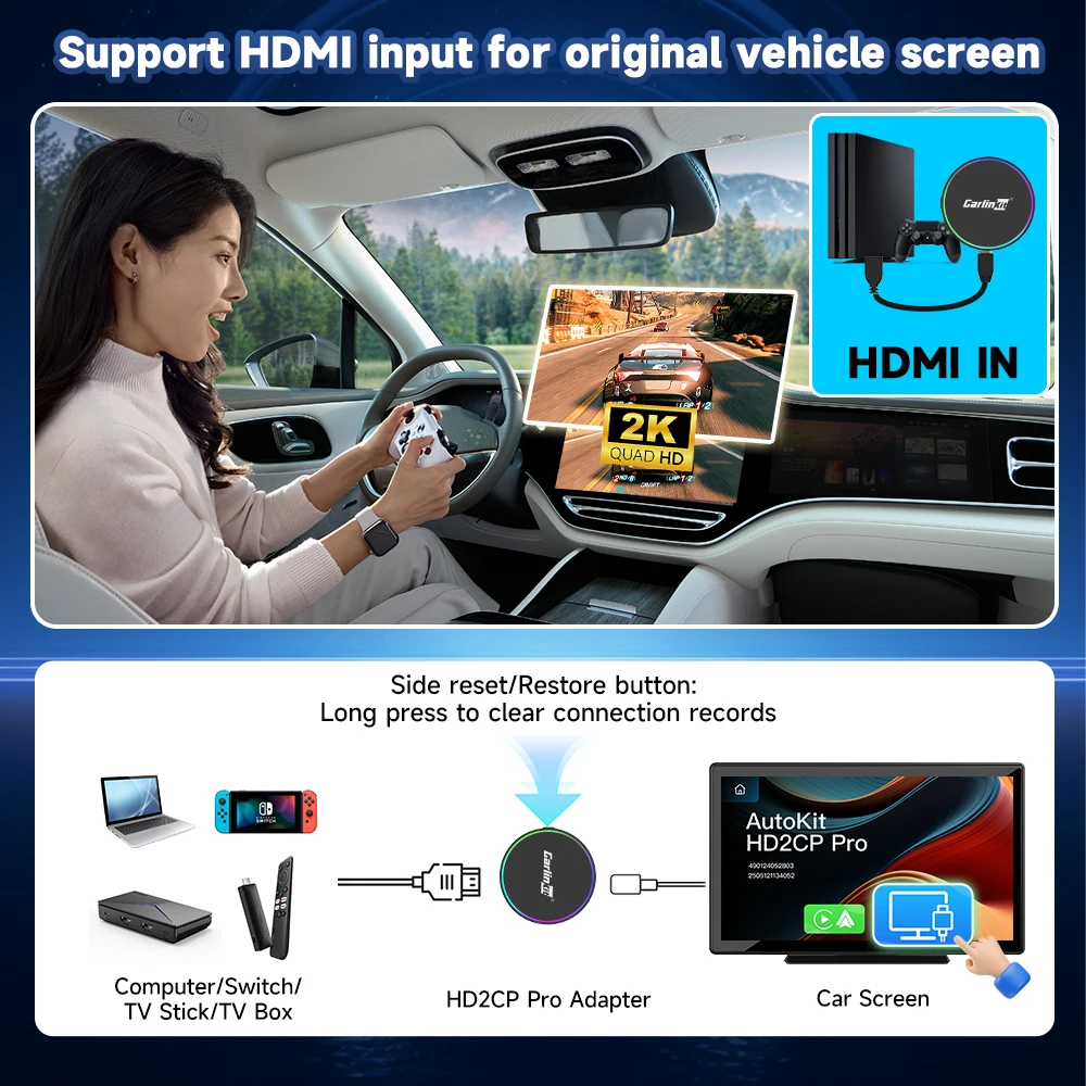 CarlinKit MINI HD2CP Pro Wireless CarPlay AI Box Android Auto TV Box 2025 جديد 2K HD HDMI مدخل دونغل لموسيقى Youtube Netfliex