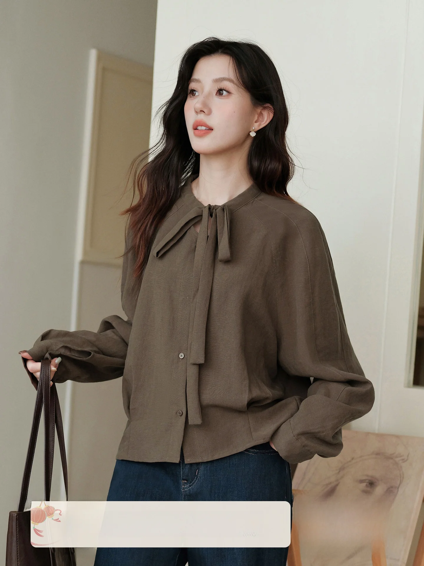 

Women's V-ne Long Sve irt Vintage Sle Base Layer Top Inner Wear Knot Loose Fit Breathable Comfortable