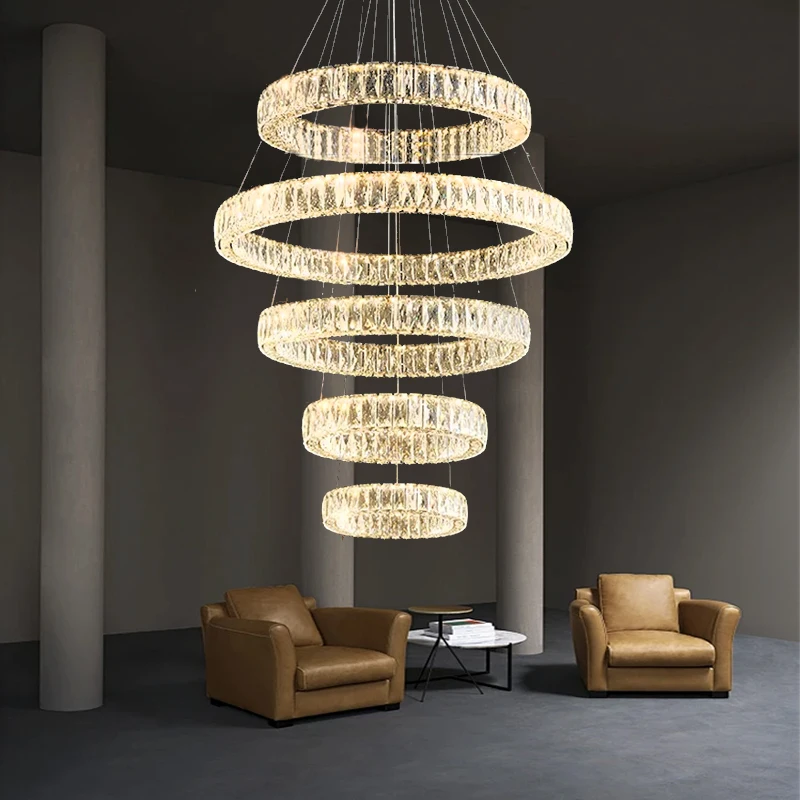 

Staircase Golden Ring Chandeliers for High Ceiling Luxury Crystal Modern Big Hanging Lamp for Home Decor LED Lustres