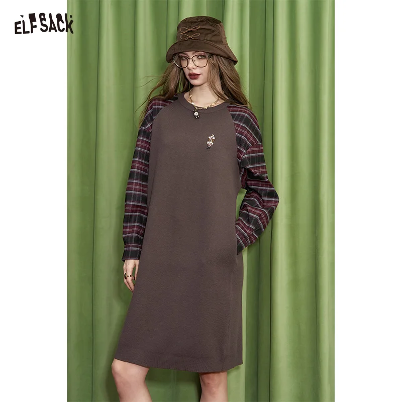 ELFSACK 2024 Winter New Arrivals Checkered patchwork contrasting knitted dress for women