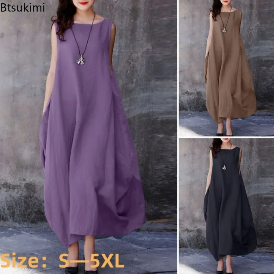 

2024 Women's Summer Solid Oversized Dress Sleeveless O-Neck Side Pockets Maxi Sundress Casual Vintage Kaftan Beach Vestido 5XL