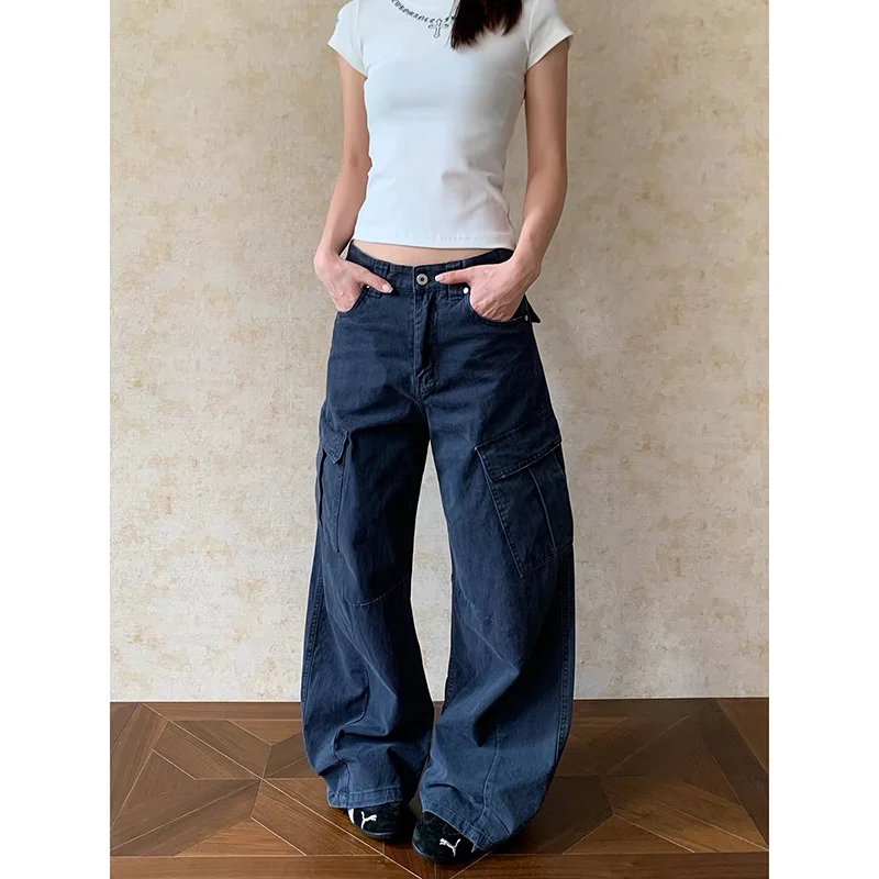 ZHIZOU Women Baggy Blue Jean Cargo Denim Pants American Retro Y2k 2000s Gothic Designer Japanese Wide Leg Long Trousers Autumn