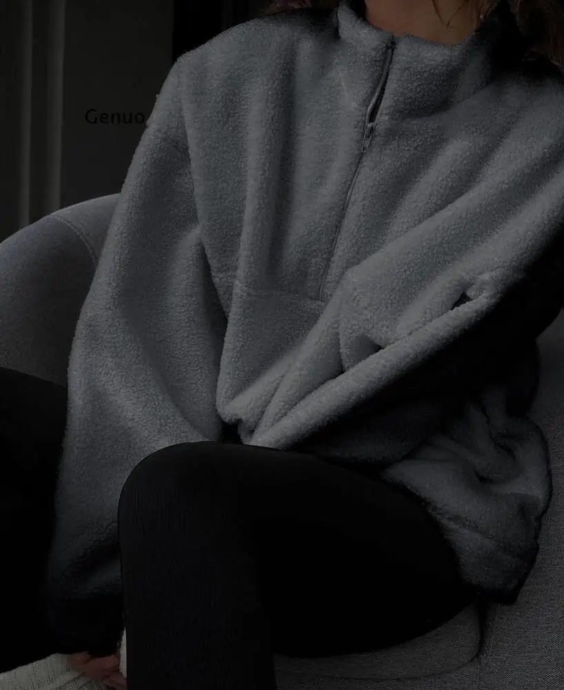 Women's Fall & Winter New Arrival Faux Shearling Pullover Versatile Sweatshirt Warm Western Style Zip Neck Fuzzy Jacket