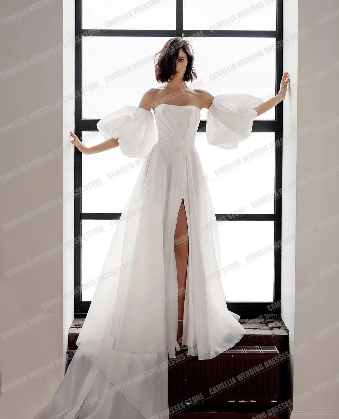 

Modern 2024 Wedding Dresses Women's A Line Elegant Strapless Puff Sleeve Bridal Gowns Formal Split Sweep Train Robe De Mariée