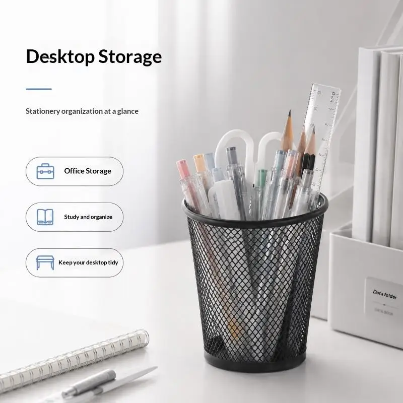 Metal Mesh Black Desktop Pen Holder Square Round Pencil Pot for Office School Stationery Storage Non-Slip Base