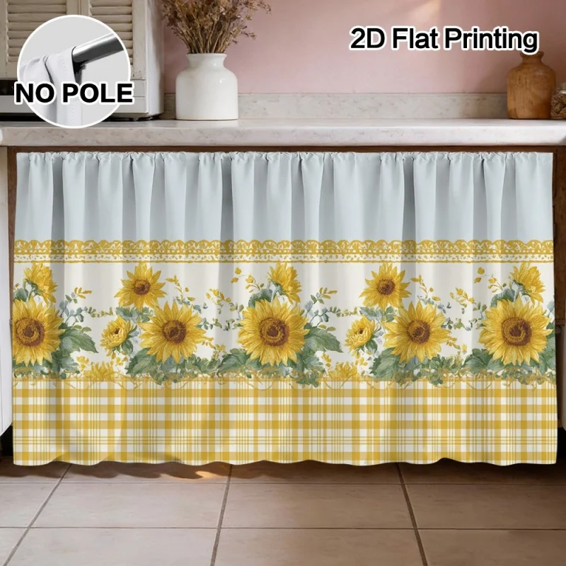 VIKAMA Kitchen Cabinet Curtain Yellow Checkered Sunflower Privacy Short Half Cupboard Door Decor