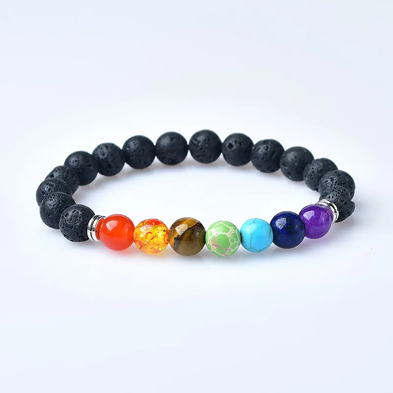 8mm Natural Volcanic Stone Crystal Bracelet Reiki 7 Chakra Healing Beads Bracelet Seven Chakras Black Lava Mala Buddha Bangles