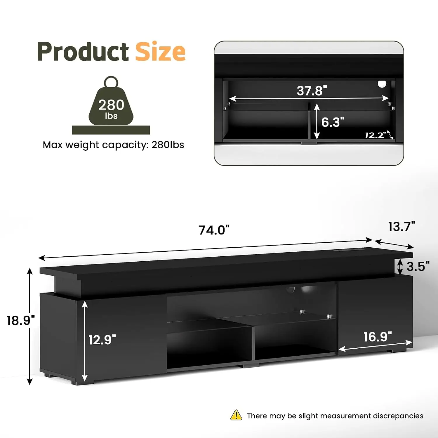 85 Inch TV Stand with Dual LED Lights, High Gloss Entertainment Center with Glass Shelves, Power Outlet, 3 Open Compartments