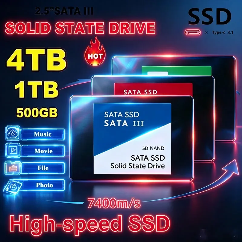 Alta velocidade 2,5 Polegadas Sata3 SSD interno 1TB 2TB 4TB Unidade de disco rígido de estado sólido para laptop desktop microcomputador