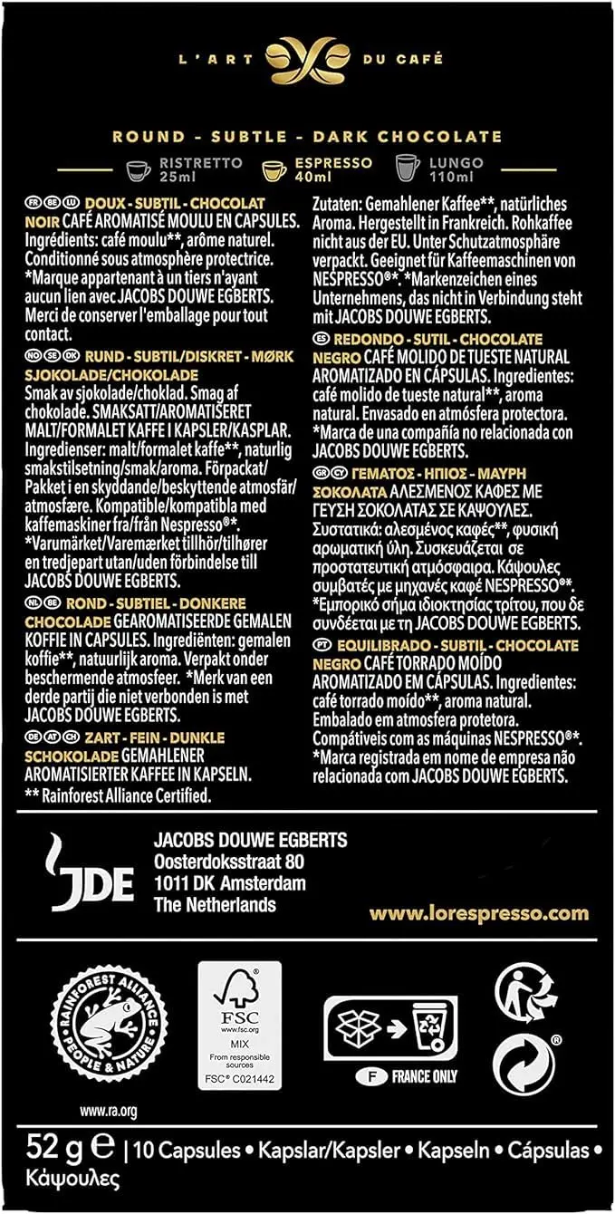 Pack 5 x l'or espresso coffee capsules chocolate 10 units compatible with nespresso machine - qumir