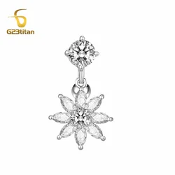 G23Titan Crystal Flower Pendant Belly Button Ring 14G Zircon Curved Barbell Surgical Anti Allergic Women's Sexy Navel Piercing