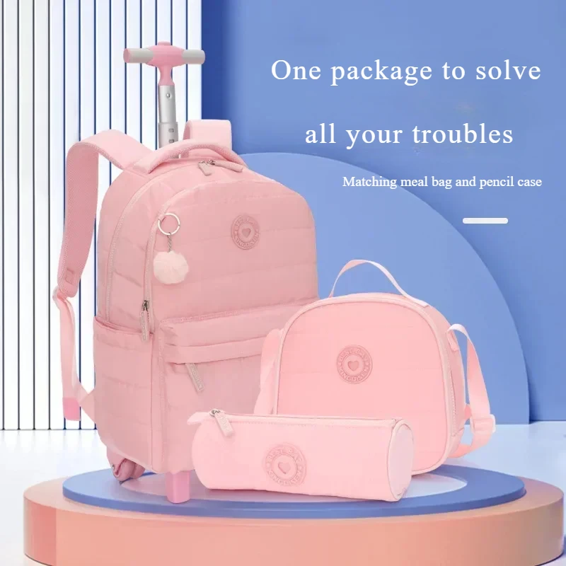 Primary School Bag with Rolling Tires Solid Color Backpack with Wool Ball Pull Rod Three Piece Set Pencil Case Dirt Resistant