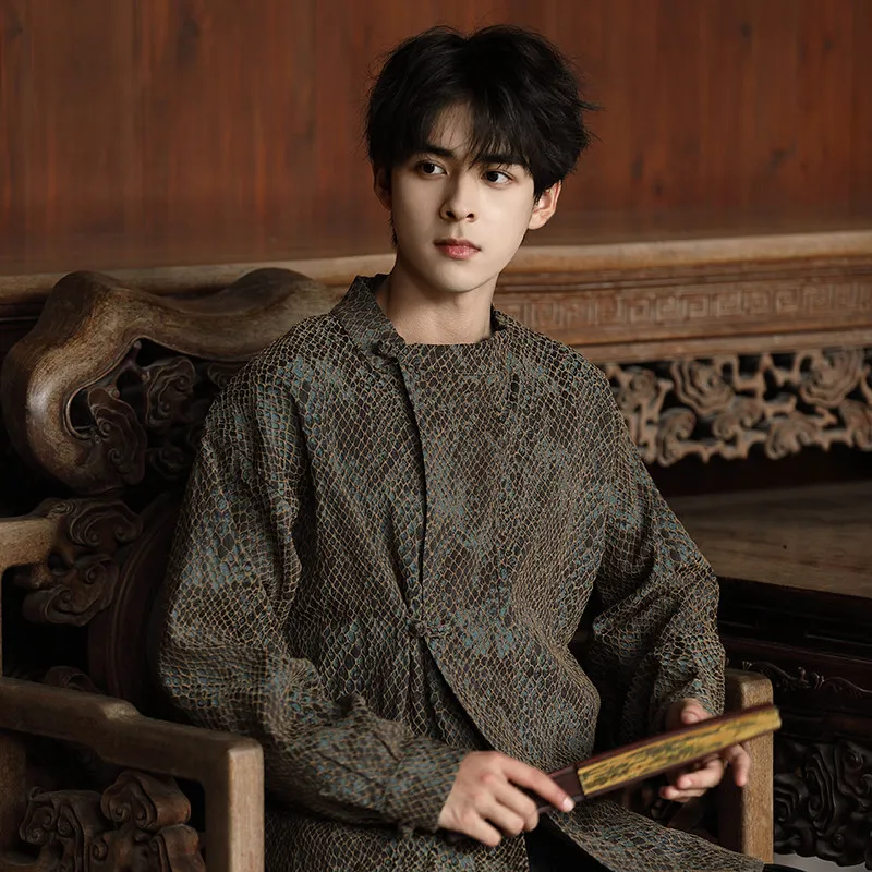 

New Chinese Sle Young Men's Tang Suit Jaet High-End Sensation Snake Pattern Embroidery round Ne Svel Outerwear