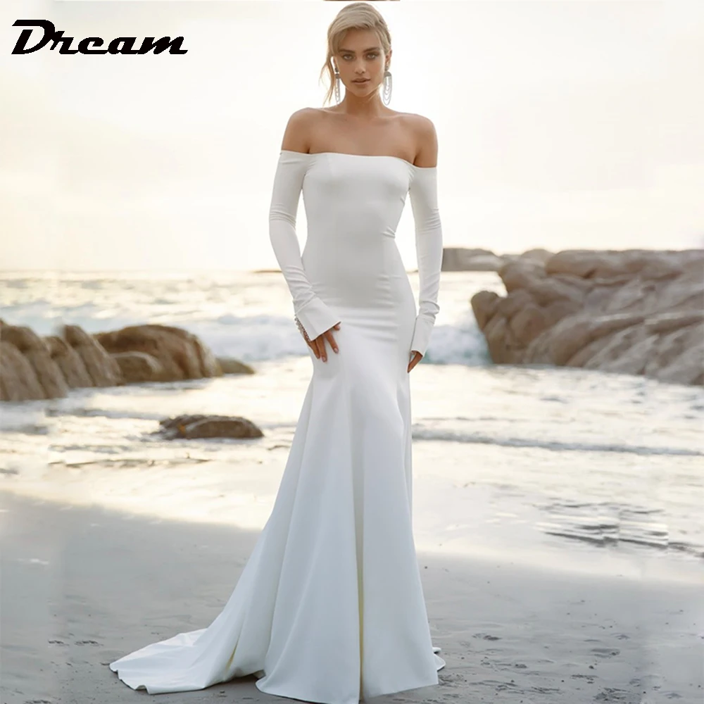 DREAM Customized Simple Long Sleeves Mermaid Wedding Dresses For Women Off Shoulder Plain Sweep Train 2024 Stretchy Bride Gown