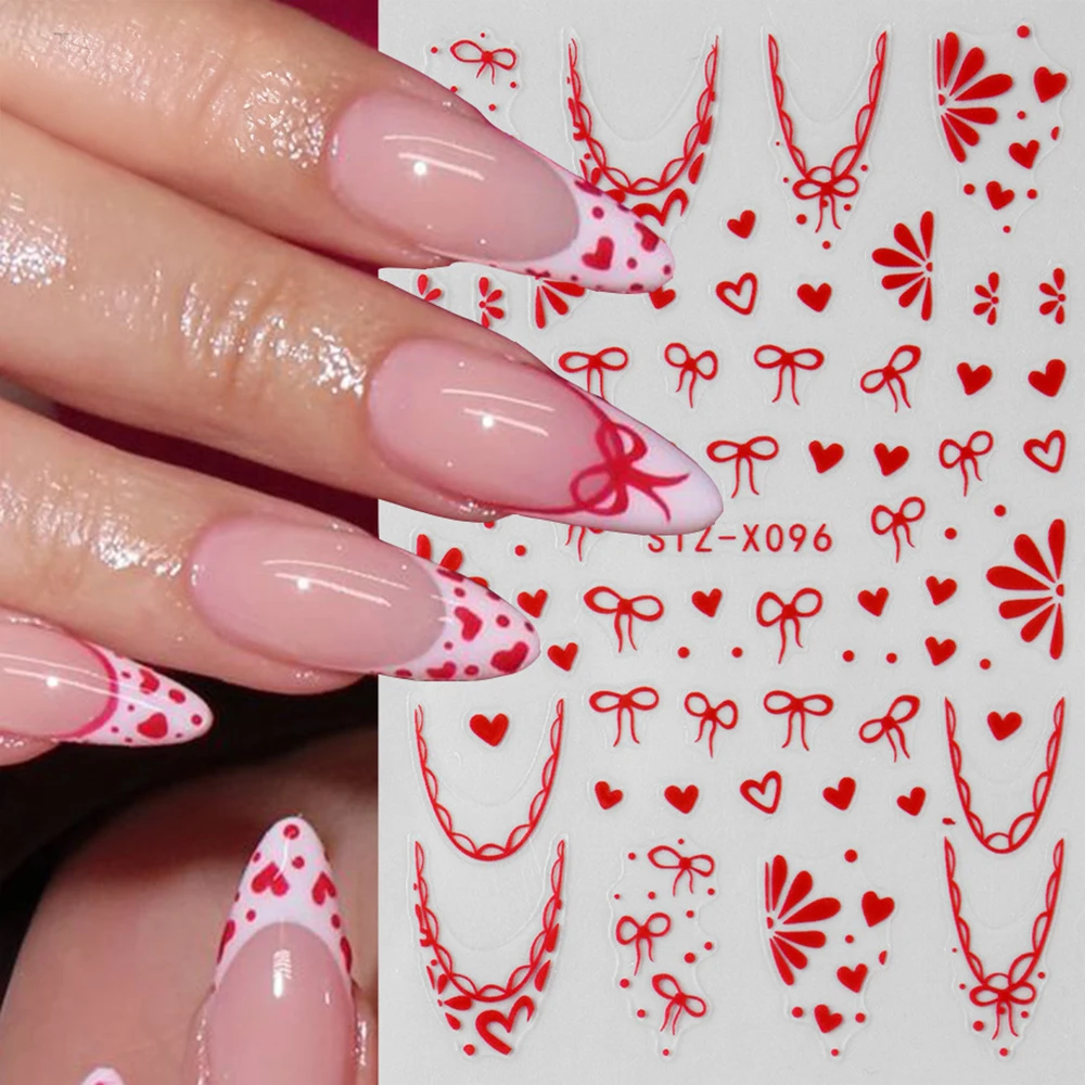 

1PC 3D Red Bow Heart French Nail Stickers Cute French Bowtie Valentines' Day Nail Decals Adhesive Love Heart Nail Supplies 6*9cm