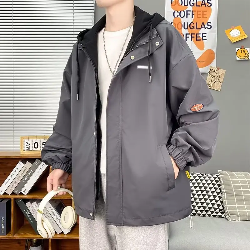 سترة رجالية بغطاء للرأس وأكمام طويلة، سترة واقية كاجوال للربيع والخريف، معطف خارجي خفيف الوزن، سترة بغطاء للرأس بسحاب ملابس الشارع #3