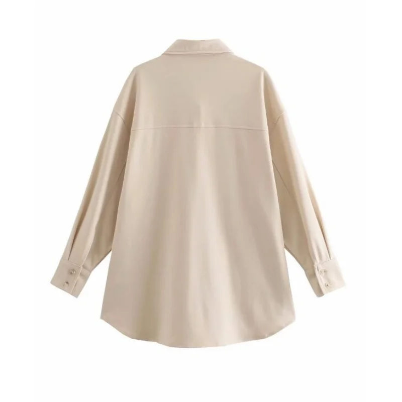エレガントなソリッドポケットボタンシャツカジュアルフルスリーブオフィスレディトップス女性秋ルーズストリートウェアベージュピンクカラーシャツトップス
