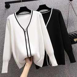 2022 Women Sweater zipper Cardigan V Neck Female Casual Knitted Cardigan Stripe color pocket Women clothing Oversized Coat