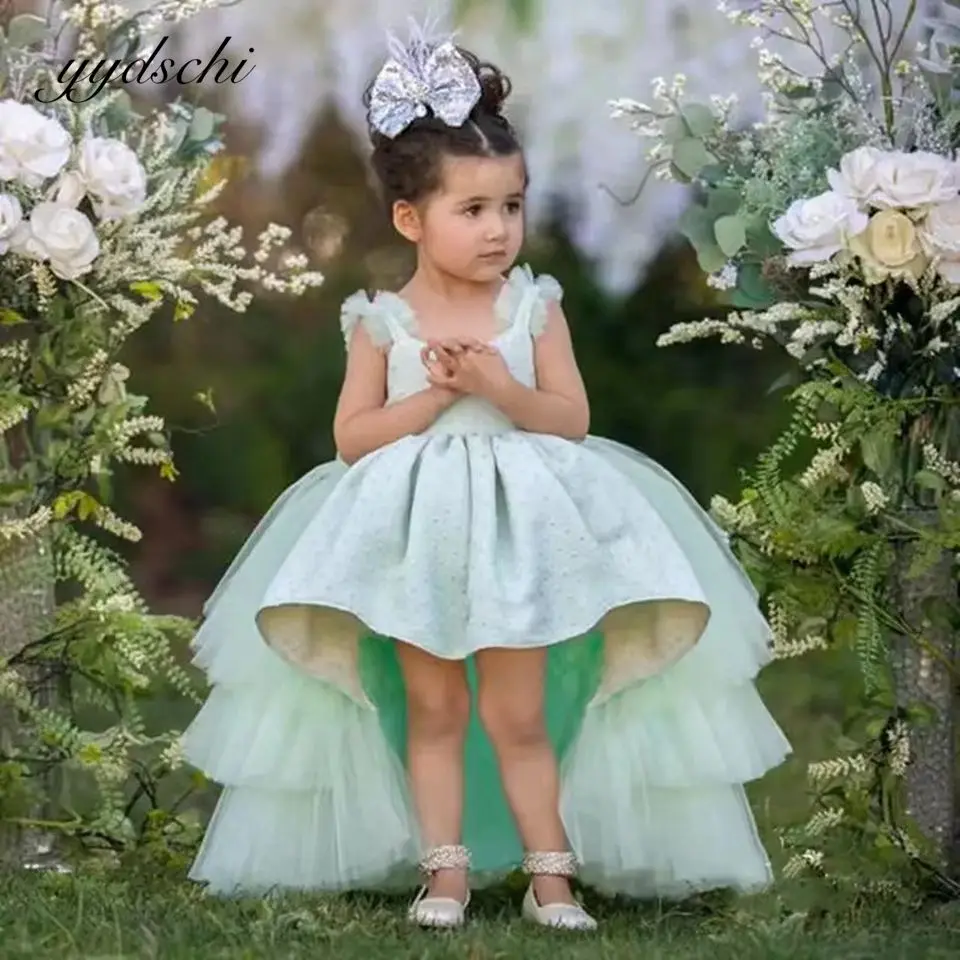 

Mint Green High-Low Ruffles Tiered Flower Girl Dresses For Wedding Party 2023 Lovely Princess Baby Birthday First Communion Gown