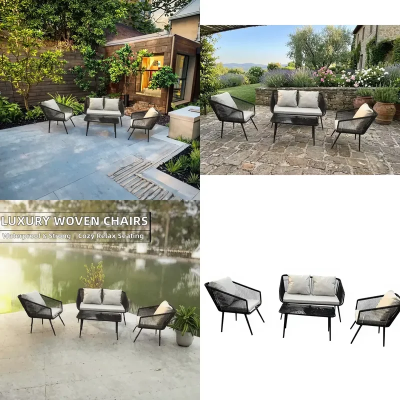 for 4 Piece Modern Minimalist Rattan Outdoor Patio Furniture Set with Durable Waterproof Sofa and Garden Conversation Table
