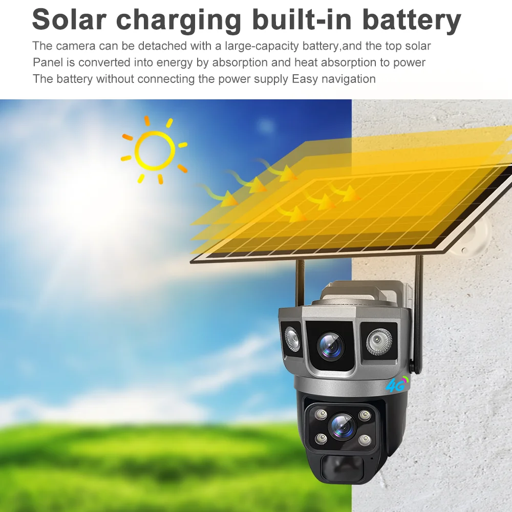 V380 Pro 4G Solar Camera 3 Screens Dual lens IP Security Cameras 12MP HD Solar Built in Battery Waterproof Outdoor CCTV