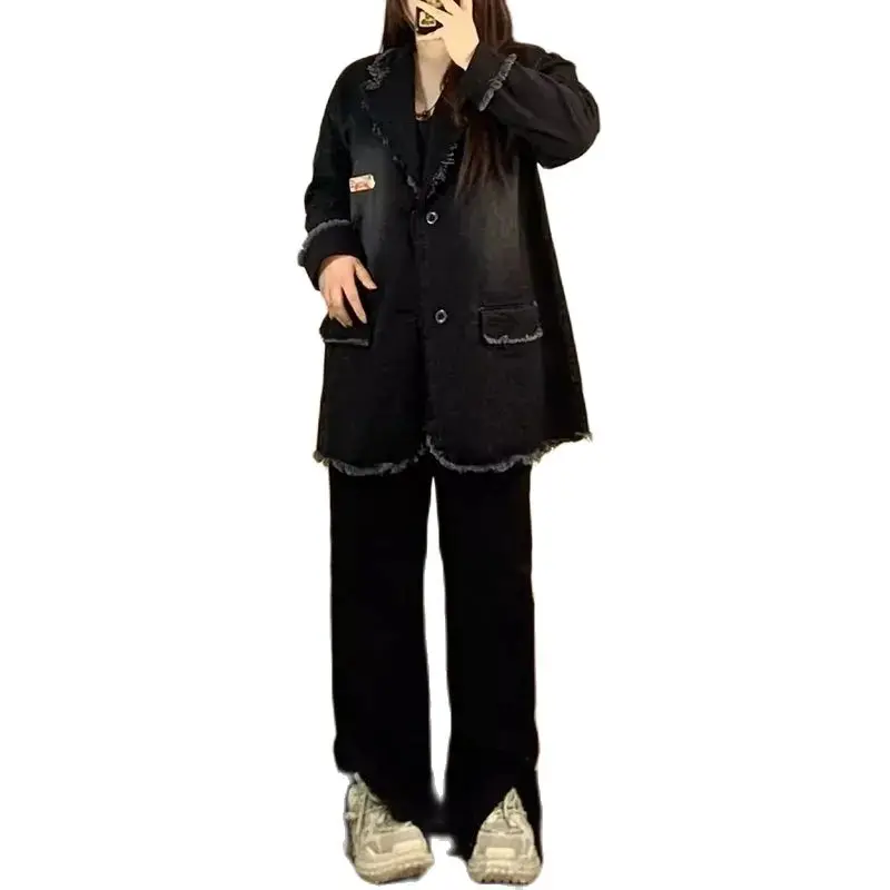 2024 Autumn New Loose Versatile American Retro Denim Coat Women's Fat mm Loose Slimming Suit Collar Top Solid Color Commuter S47