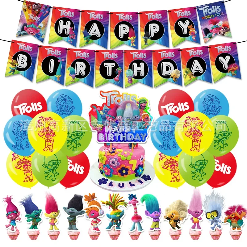 Trolls – fournitures de décoration de scène d'anniversaire, thème de dessin animé, décorations de fête, bannières, ballons, ensemble de fête à tirer des drapeaux