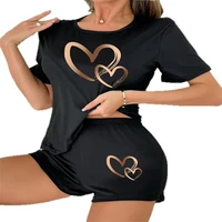 Cross Border European American Casual Simple Printed Short Sleeved Shorts Pajama Set Women's Round Neck Short Sleeved Top Shorts - Image 6
