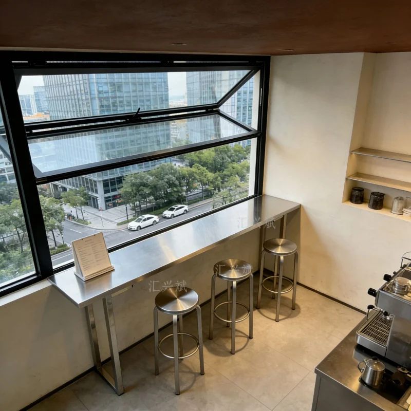 

Trendy Shop Chair Set In Industrial Style, Stainless Steel Bar Table, High Stools For Milk Tea Shops And Cafe