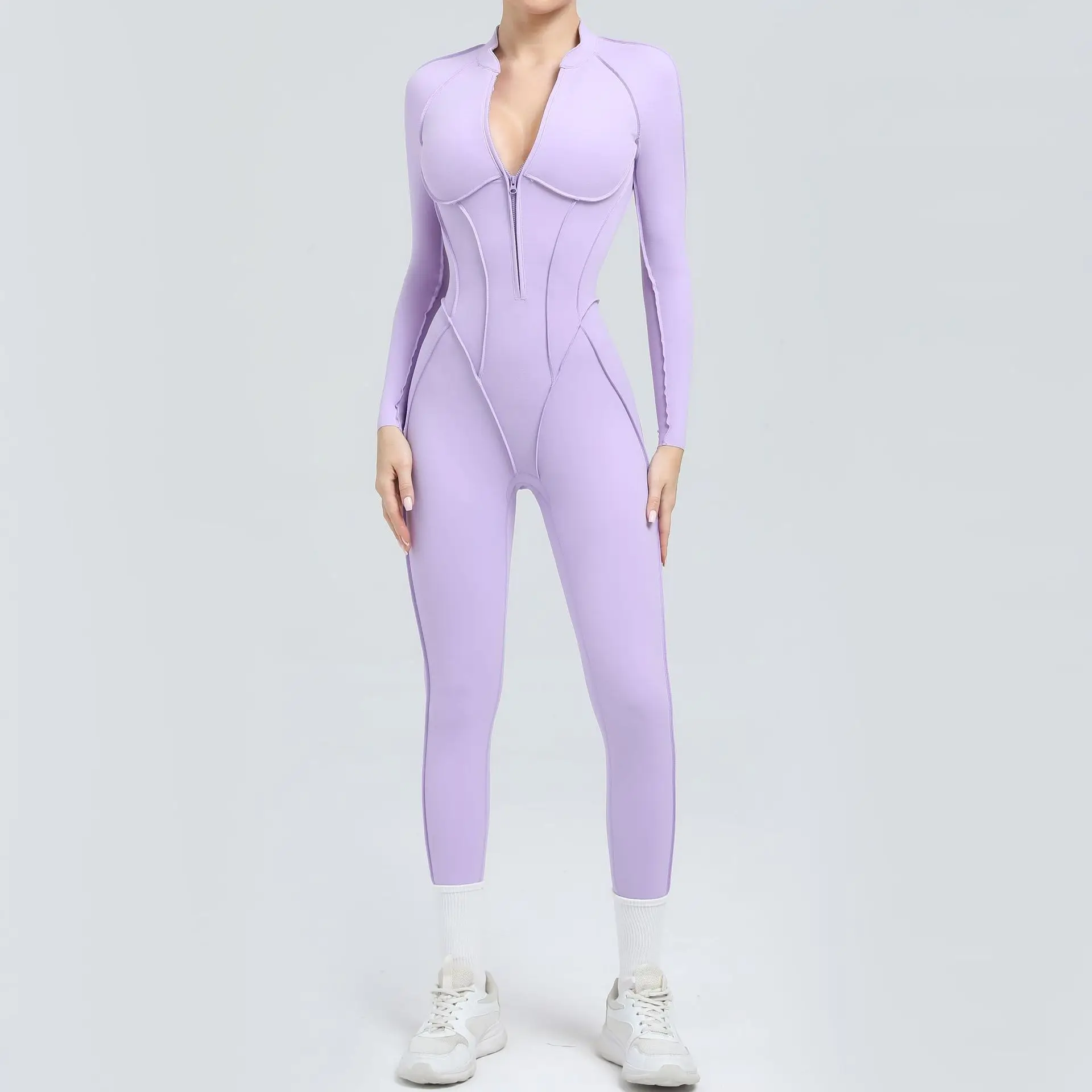 

Seamless Yoga Zipper Jumpsuits Sports Fitness Splicing Long-sleeved Beauty Backless One-piece Workout Gym Bodysuits for Women