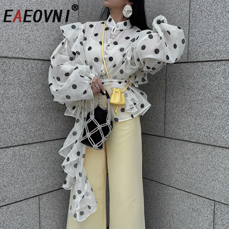 

EAEOVNI dot print women's Blouse ruffles patchwork design button Belt gathered waist loose shirt Tops Fashion 2025 New clothing