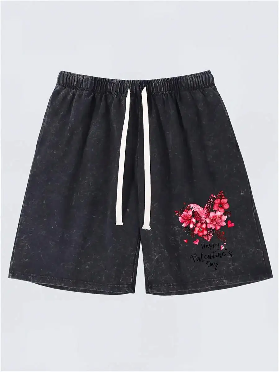 

Mens Vintage Washed Casual Shorts With Floral Heart Print Adjustable Elastic Waist Summer Wear